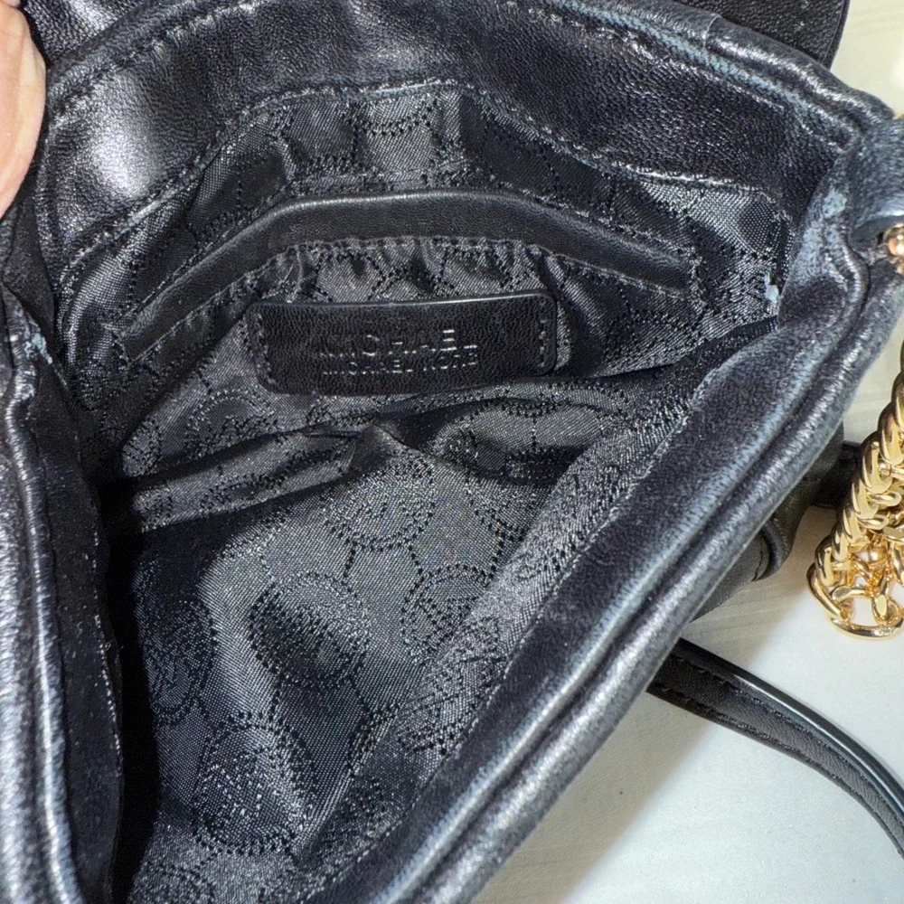 Michael Kors Black Quilted‎ Leather Crossbody Bag Gold Chain MK Logo